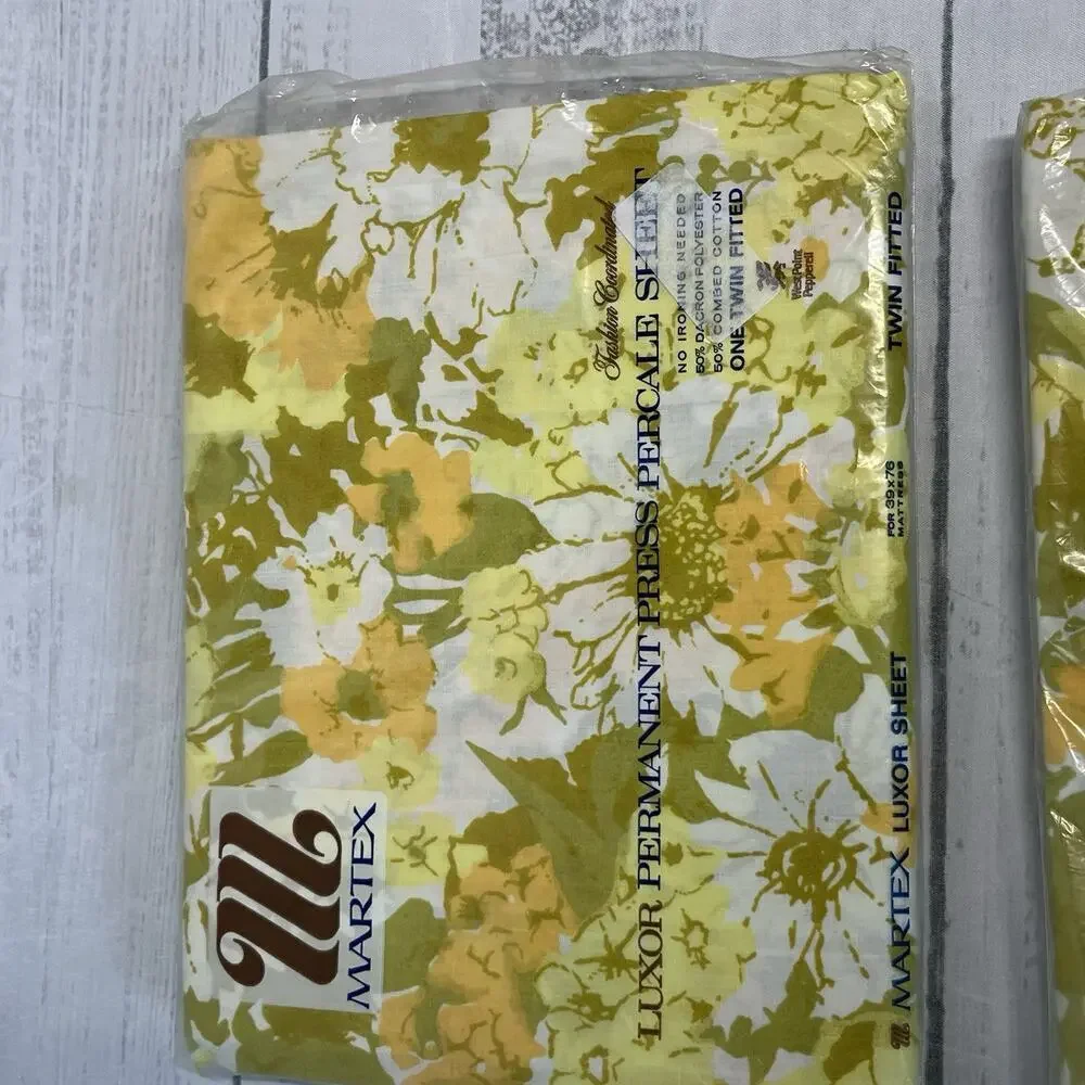 Vintage Martex Luxor Percale Twin Fitted Sheet Set 3pc Yellow Green Pillowcases